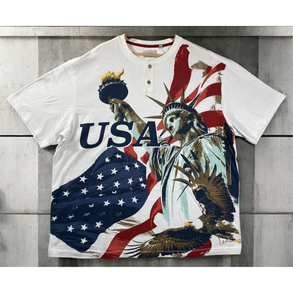 American Legacy USA Patriotic Henley T-Shirt - Statue of Liberty, Eagle & Flag